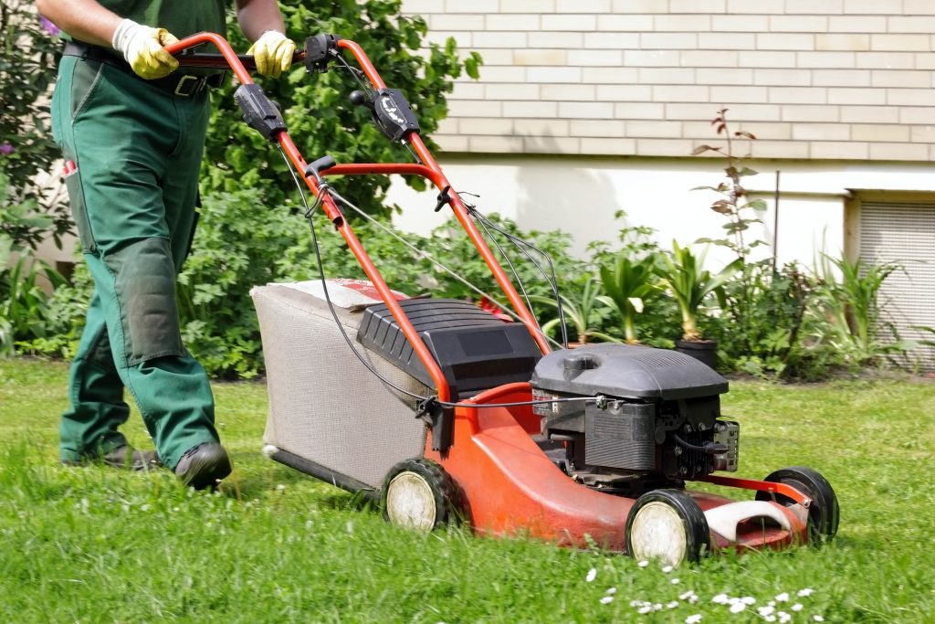 jardinier qui tond la pelouse